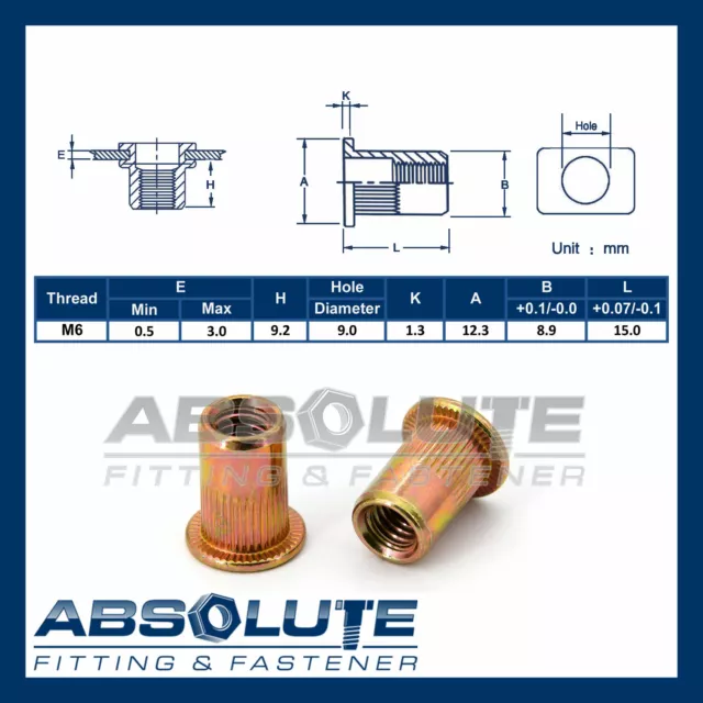 200X M6 Nutsert Rivnut Rivet Nut Large Flange Splined Open End Zinc-Plated Steel 2