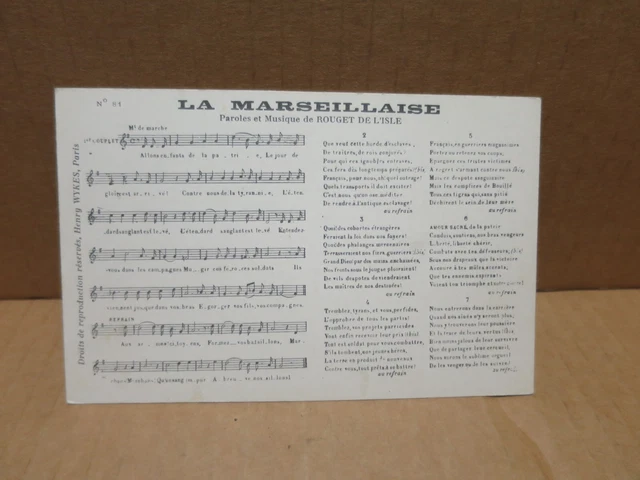 LA MARSEILLAISE HYMNE National Français carte partition ROUGET DE L