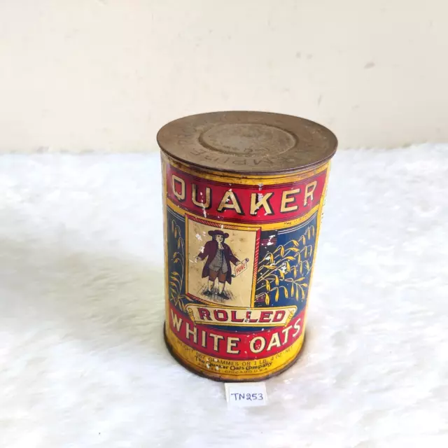 1930s Vintage Rolled White Quaker Oats Advertising Litho Tin Box Round TN253