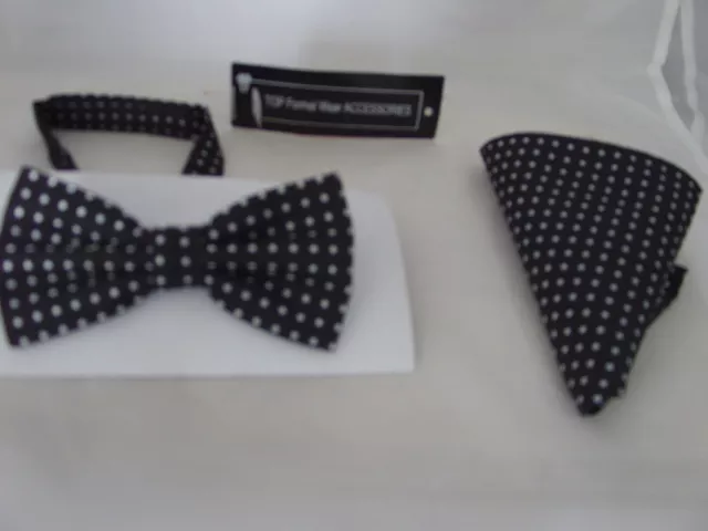 (020) Black with Silver Polka Dots-Mens Bow Tie + Cummerbund and Hankie Set 3