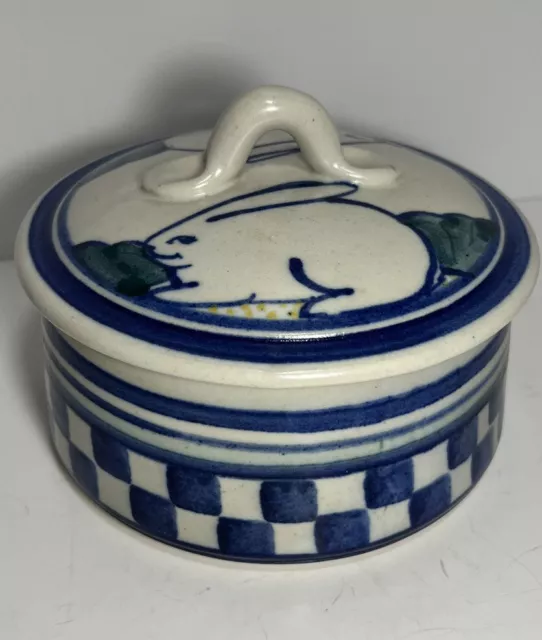 Debbie Dean Pottery Rabbit Checkerboard Casserole w/Lid Heavy Folk Art Primitive