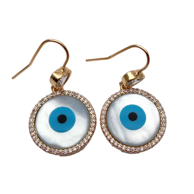 Natural White Sea Shell Evil Eye Cz Pave Coin Shape Dangle Hook Earrings Female