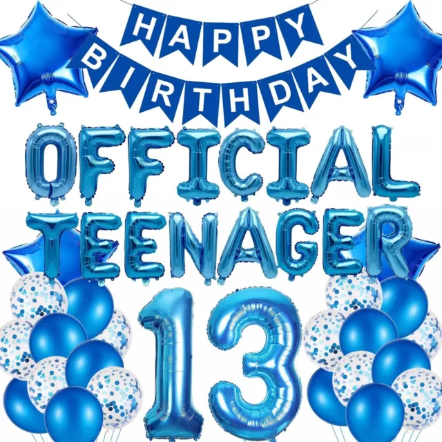 13th Birthday Decorations Blue Official Teenager Balloons Banner 20PCS Latex