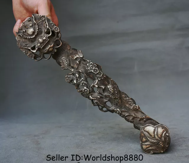 10.8"Antique Old China Qing Silver Folk Feng Shui Dragon Ruyi Ru Yi Lucky Statue