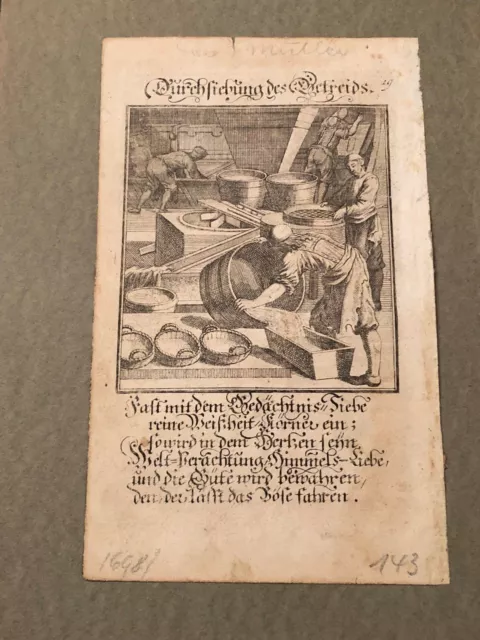 ANTIKER DRUCK KUPFERSTICH 1698 DURCHSIEBUNG DES GETREIDES ABMESSUNGEN ca 17x24cm