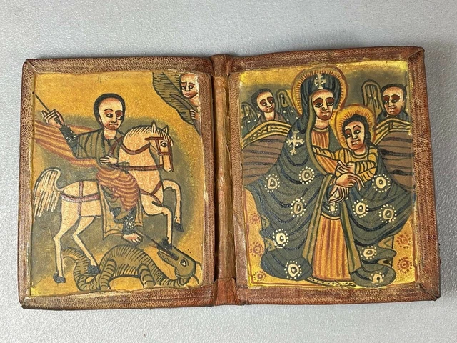 220411 - Old Ethiopian handpainted olive wood/leather coptic icon - Ethiopia.