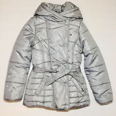 NEW Tommy Hilfiger Gray Silver Belted Hooded Puffer Jacket Coat Size XL/16 Youth