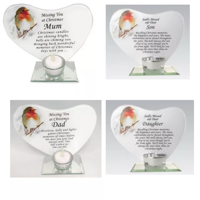Christmas Robin On Log T_Light Candle Holder Glass Garden Gravesside Home Plaque