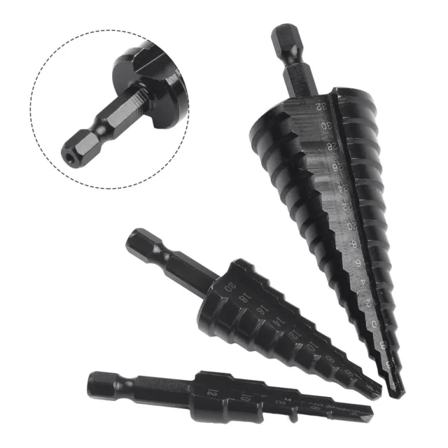 High Speed Steel Nitrogen Coated Step Drill Bit Set 3 Sizes for Metal and Wood