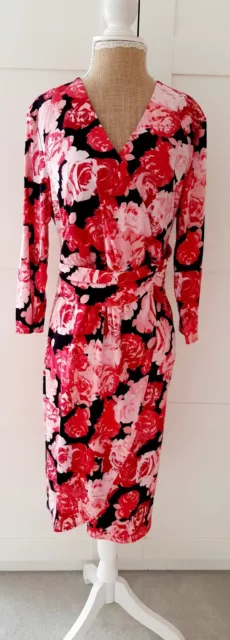 Together  Ladies  Red  Rose  Floral  Print Stretch  Midi Wrap Dress Size 14 BNWT