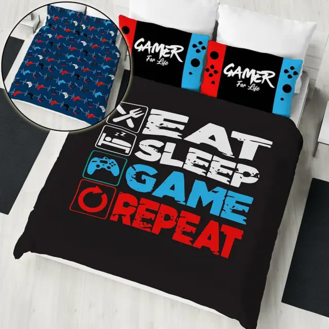 Gamer Doppio Set da Letto Fronte-Retro Copripiumino Eat Sleep Gioco Repeat