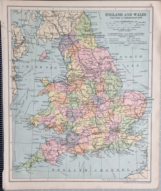 1921 Map England & Wales Lncoln Suffolk York Sussex Warwick Kent