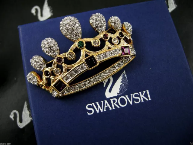 Signed Swarovski Pave' Crystal Crown Pin~Brooch 22Kt Plating Retired New In Box 3