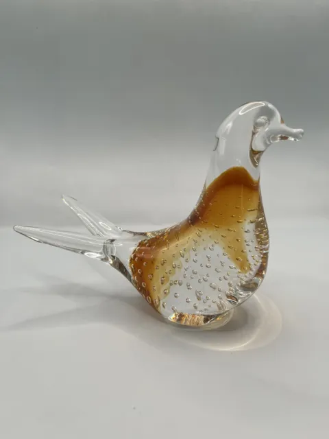 VTG Art Glass Bird Amber Colored With Controlled Bubbles