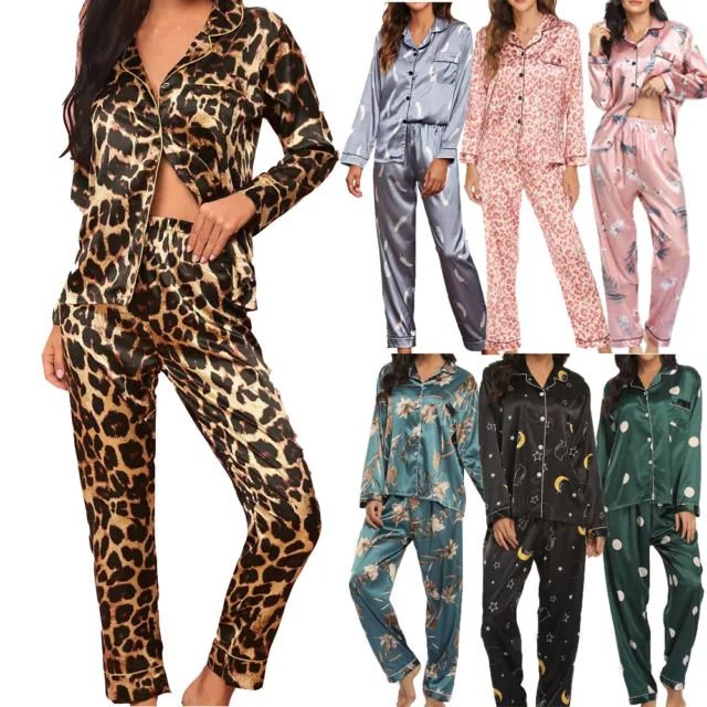 2 Pcs Womens Pyjamas Set Ladies Satin Nightwear Silk PJS Long Sleeve Sleepwear 2