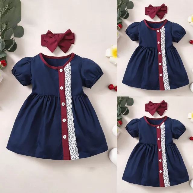 Baby Kids Girls Dress Navy Blue Short Sleeve Princess Dress Party Dress+Headband