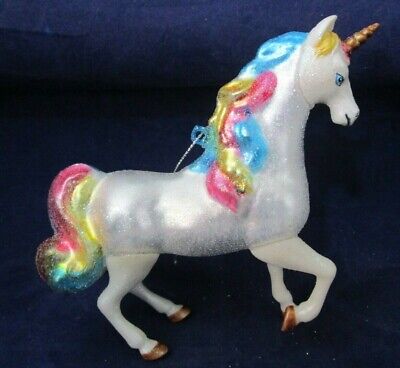 Unicorn Horse Rainbow Tail Mane Glitter Mercury Style Blown Glass Ornament New