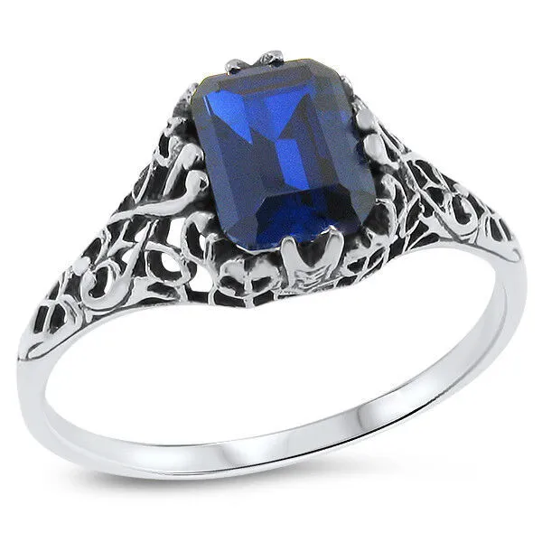 Victorian Style 925 Sterling Silver Royal Blue Lab-Created Sapphire Ring    718X