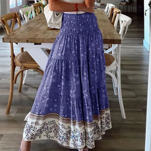 Womens Boho Floral Long Maxi Skirt Ladies High Waist Beach Ruffle Swing Dress UK