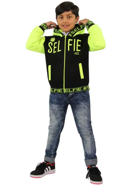 Bambine Ragazzi Giacche # Selfie Ricamato Verde Neon Zip Top Felpa con Cappuccio