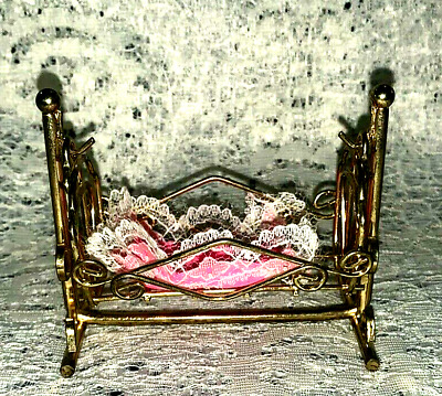 Dollhouse Miniature 1:12 Brass Rocking Baby Cradle In Stand Gold Tone Metal