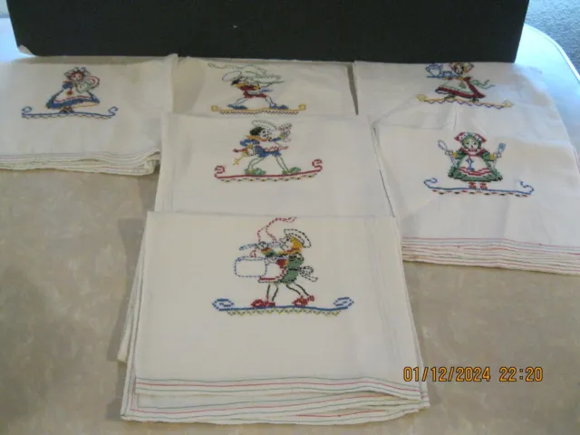 Six Large Vintage Linen Tea Kitchen Towels with Embroidered figures-chefs & maid