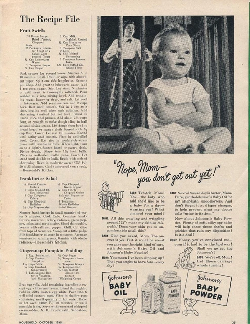 Magazine Ad - 1948 - Johnson's Baby Powder - Mom in playpen