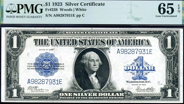 HGR SUNDAY 1923 $1 Silver Cert WOODS/WHITE ((1of2 Consec#) PMG GEM UNC 65EPQ