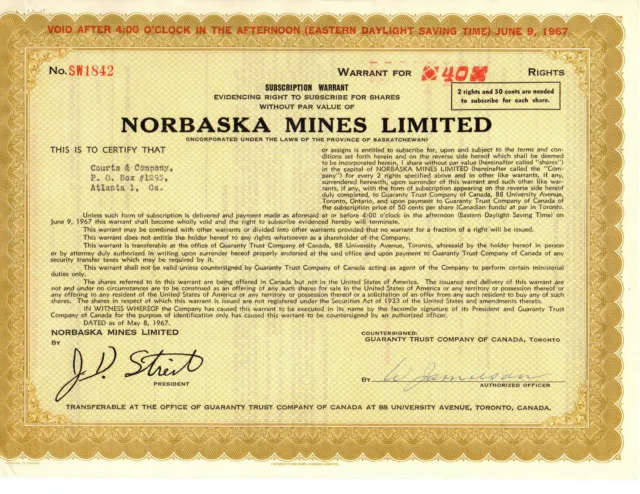 Nobraska Mines Saskatchewan Canada Stock Certificate 1961 - 100 shares Warrant