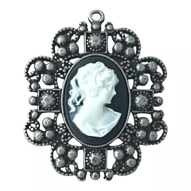 Cameo Pendant White Raised 46mm Fancy Oval Dark Antiqued Silver Bead Drop Focal
