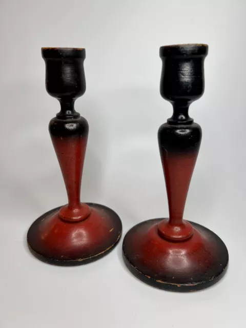 Vtg Pair of Red Wooden Spindle Taper Candlestick Holders 7” Primitive Rustic