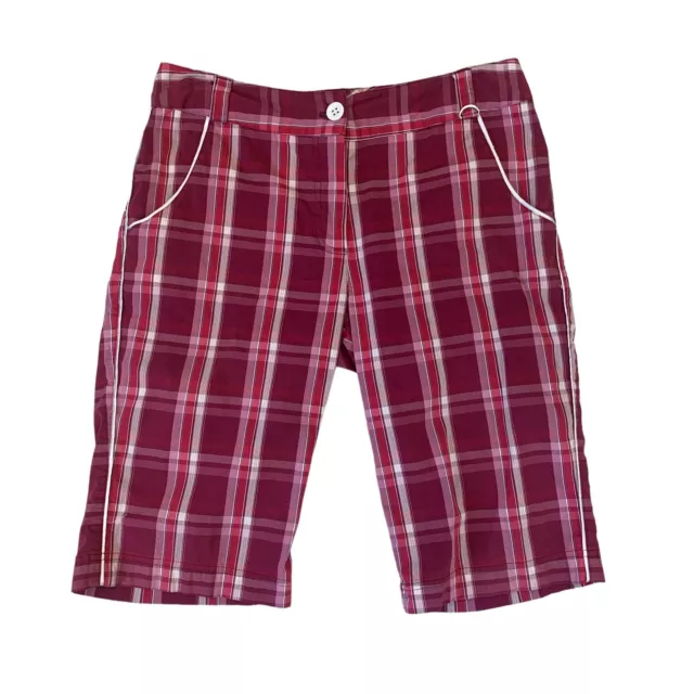 Lija Golf Short Womens 8 Burgundy Plaid Flat Front Bermuda Stretch Nylon Blend