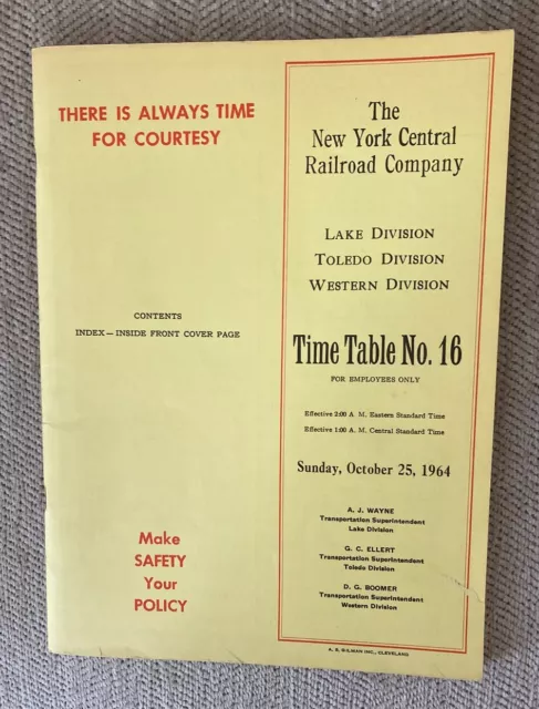 New York Central RR 10/25/64 Mitarbeiter Fahrplan-Lake, Toledo, Western Divisions