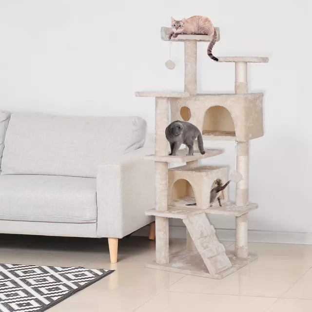 55" Cat Tree Furniture Kitten House Play Tower Scratcher Beige Condo Post Bed