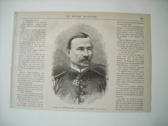 Gravure 1876. Le General Berthaut, Ministre De La Guerre.