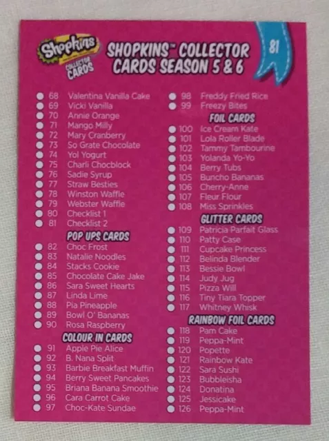 Shopkins Season 5-6 Collector Card 81 Checklist Part 2 - Free Post