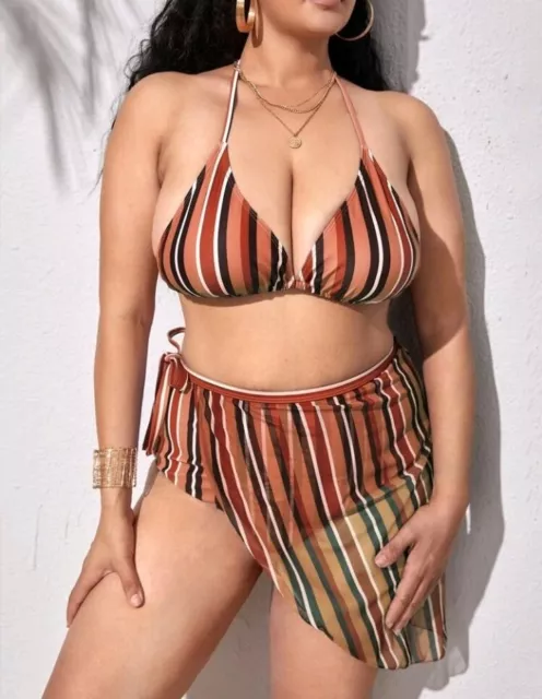 Womens Size 22 UK Striped Swimming Costume Bikini Swimsuit Swimwear 3XL 3 Piece
