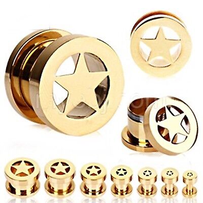 PAIR-Star Cutout Gold Plate Screw On Ear Tunnels 14mm/9/16" Gauge Body Jewelry