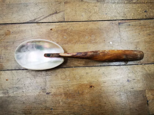 Mother Of Pearl Shell Serving Spoon With Wooden Handle Vintage Antique 31Cms