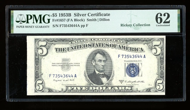 DBR 1953-B $5 Silver Fr. 1657 FA Block PMG 62 Serial F73543644A
