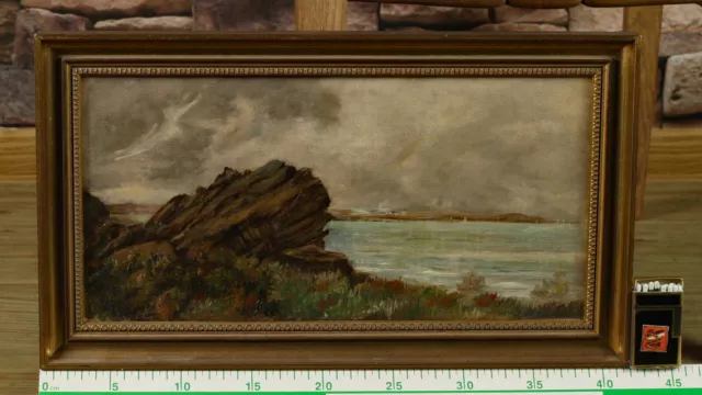 Pintura Al Óleo Antiguo Costa Mar Rocas Arrecife Marina Paisaje 41x23cm 1800-