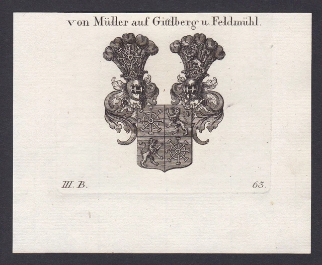 1820 Müller Gittlberg Feldmühl Escudo Nobleza Abrigo De Arms Heráldica Grabado