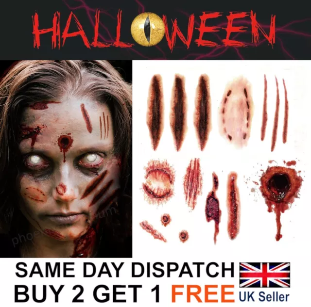 Halloween Zombie Scars Stitches Temporary Tattoos Bullet Hole Wound Face Make-Up