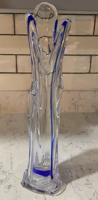 MCM murano Clear & cobalt blue 3 Swung Glass Vase VGC 18” 2.4kg