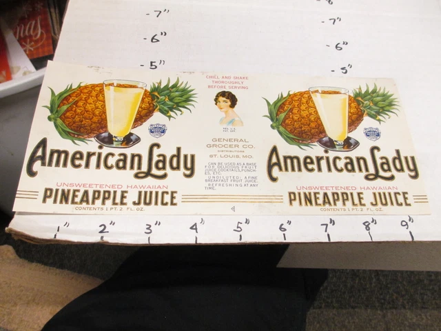 AMERICAN LADY pineapple juice fruit 1930s metal tin can food paper label