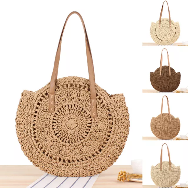 Women Boho Woven Handbag Summer Beach Tote Straw Bag Round Rattan Shoulder Bag