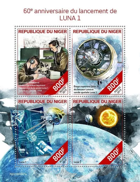 1959 LUNA 1 Mechta Russian Moon Spacecraft Space Stamp Sheet #1 (2019 Niger)