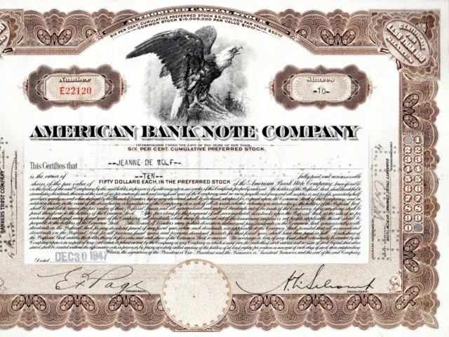American Bank Note Company Stock Certificate Less Than 100 Shares