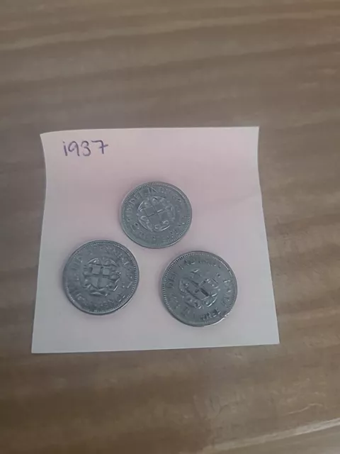 3 X 1937 George VI Silver 3d Three Pence Coin