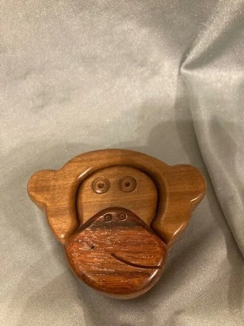 Monkey Head Wood Carved Puzzle Jewelry Trinket Box w/Secret Compartment